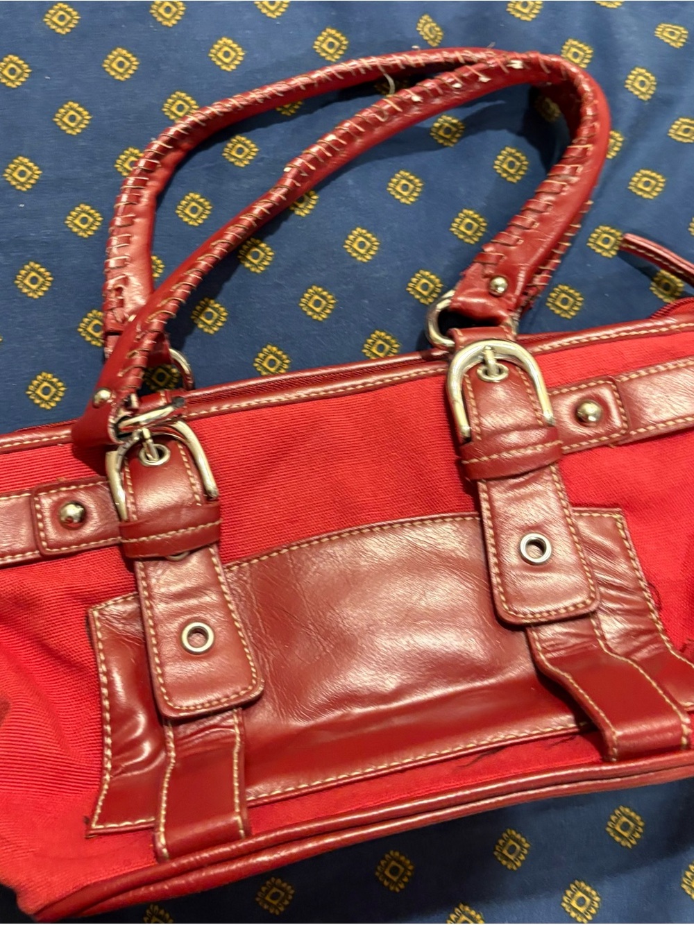 Structured Red Shoulder Tote with Buckle Accents
